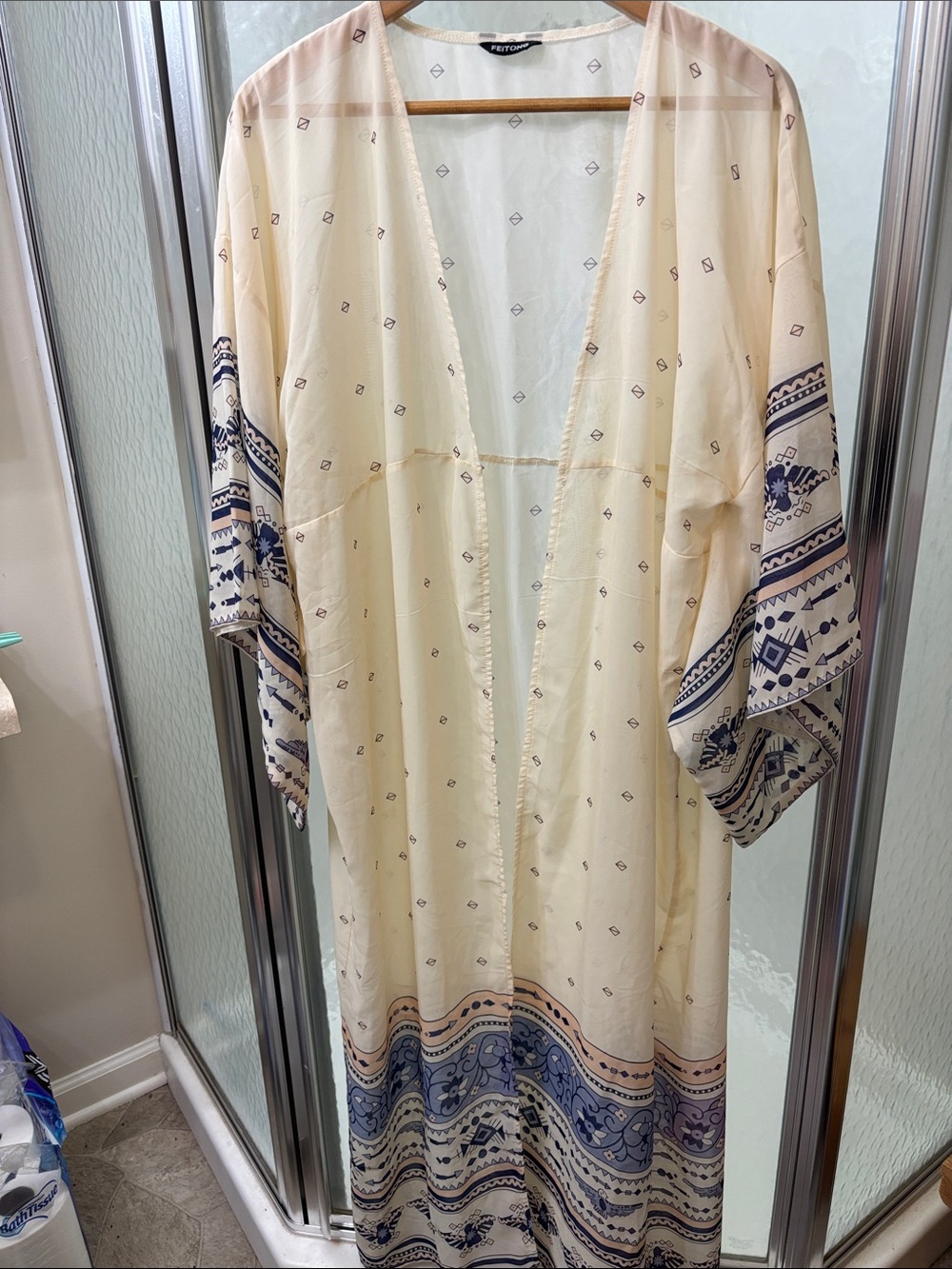 Light Cream & Navy Printed Open-Front Kimono by Feitong